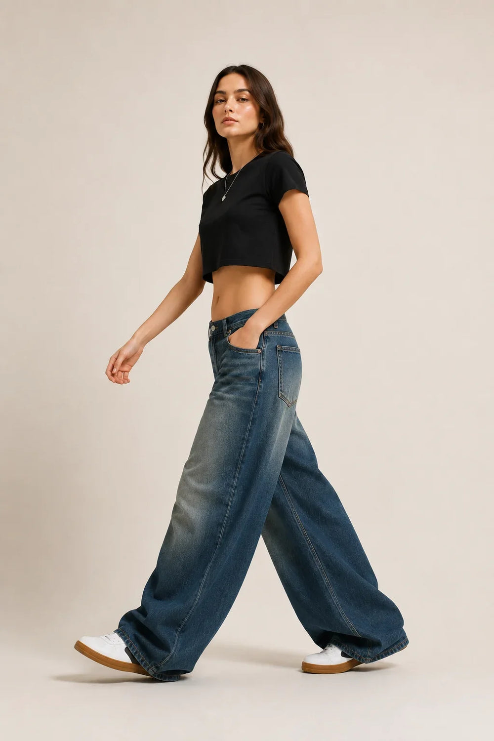 Women's Vintage Blue High Rise Wide Leg Denim Jeans Side View By Waysho