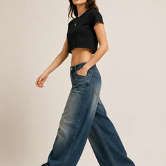 Women's Vintage Blue High Rise Wide Leg Denim Jeans Side View By Waysho