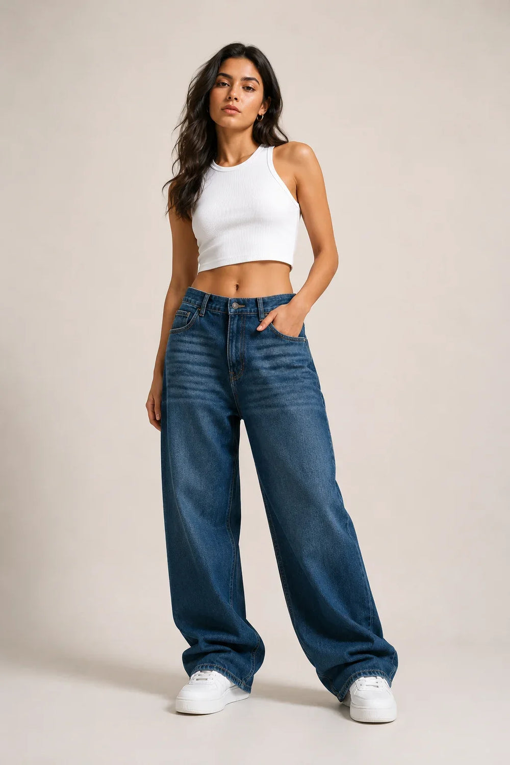 Women's Dark Blue Wide Leg Denim Jeans with High Rise Waist Front Full View By Waysho