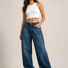 Women's Dark Blue Wide Leg Denim Jeans with High Rise Waist Front Full View By Waysho