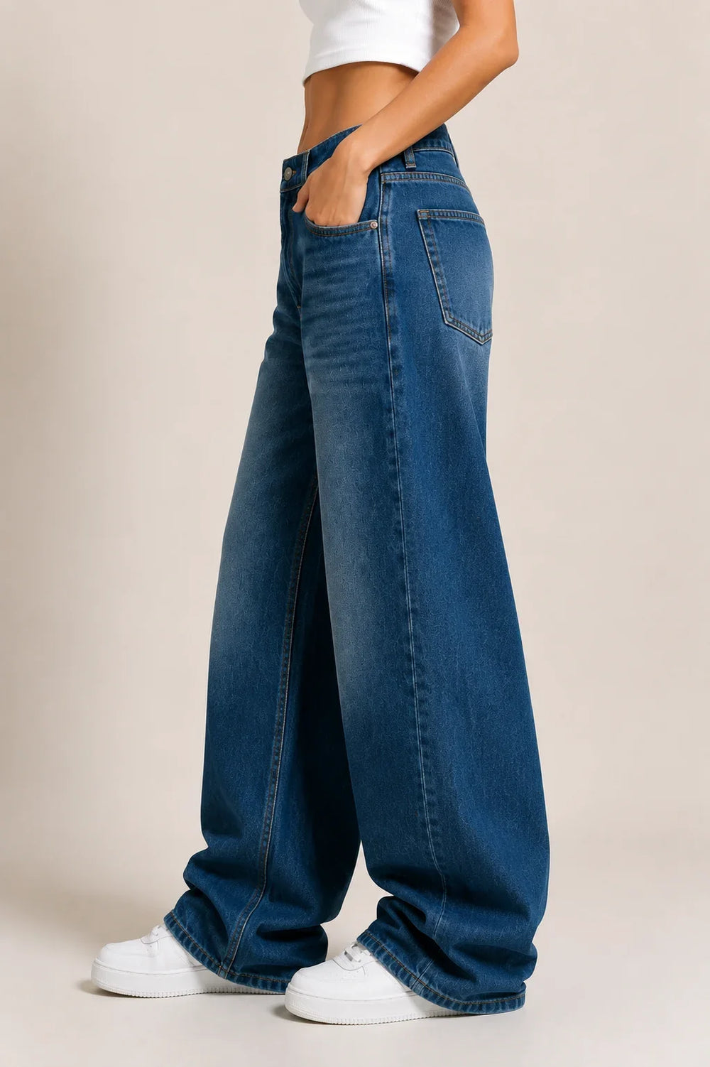 Women's Dark Blue Wide Leg Denim Jeans with High Rise Waist Left View By Waysho