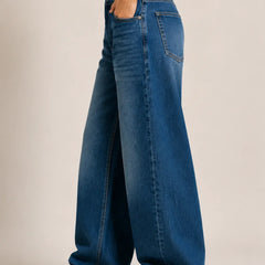 Women's Dark Blue Wide Leg Denim Jeans with High Rise Waist Left View By Waysho