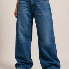 Women's Dark Blue Wide Leg Denim Jeans with High Rise Waist Front View By Waysho