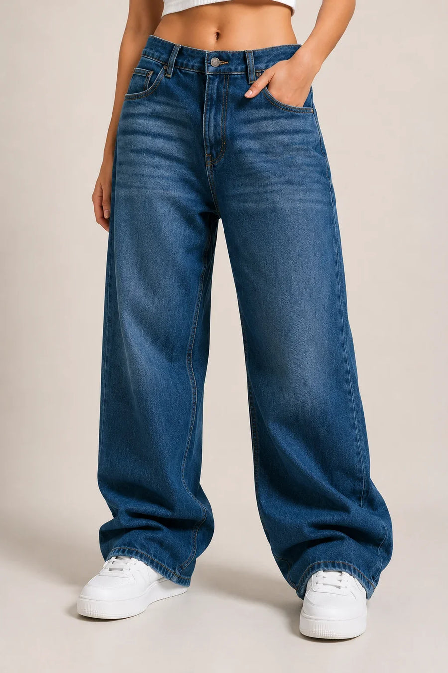 Women's Dark Blue Wide Leg Denim Jeans with High Rise Waist Front View By Waysho