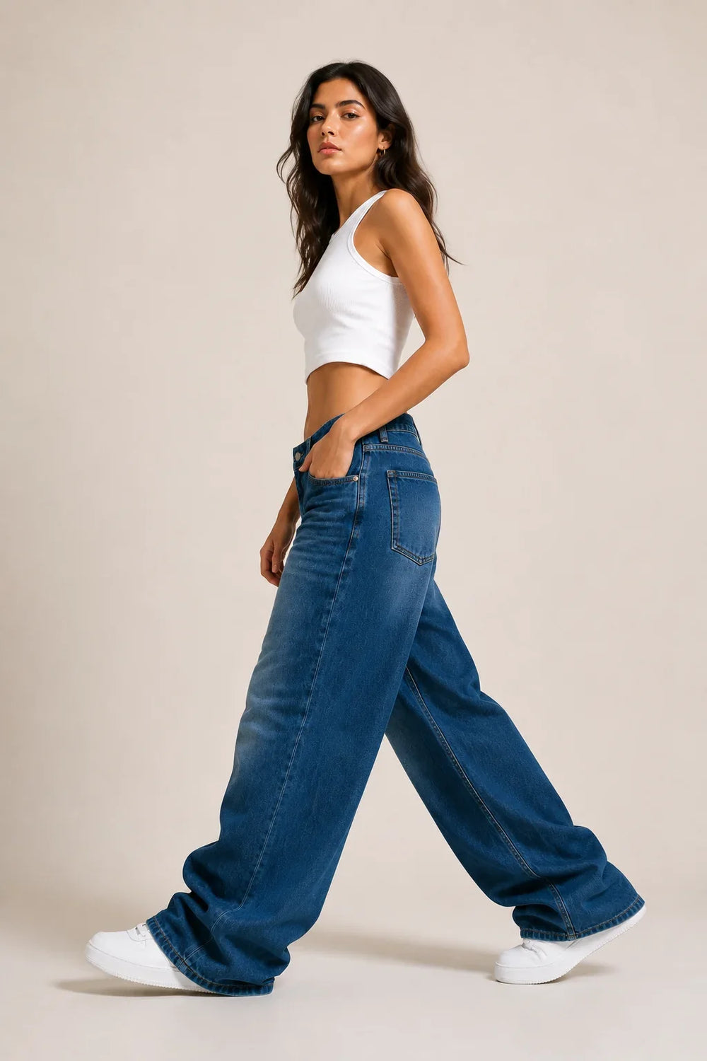 Women's Dark Blue Wide Leg Denim Jeans with High Rise Waist Side View By Waysho