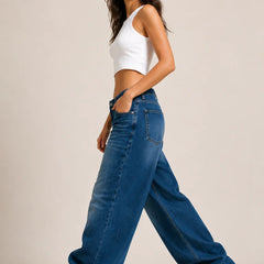 Women's Dark Blue Wide Leg Denim Jeans with High Rise Waist Side View By Waysho