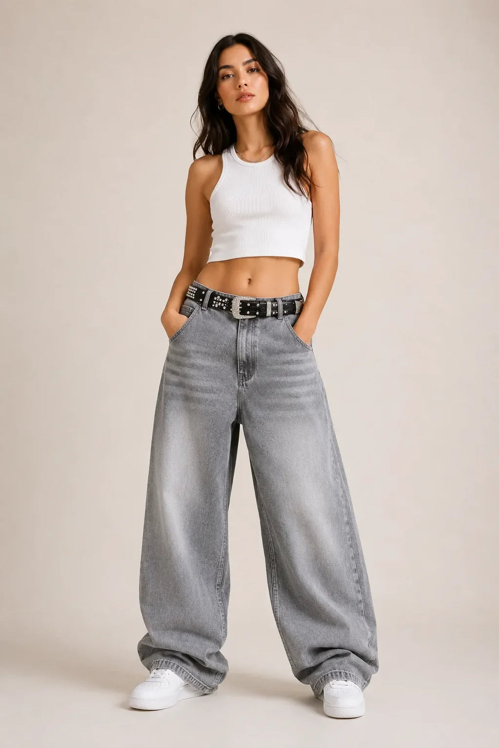 Women's Grey High Rise Wide Leg Denim Jeans Full View By Waysho