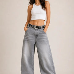 Women's Grey High Rise Wide Leg Denim Jeans Full View By Waysho