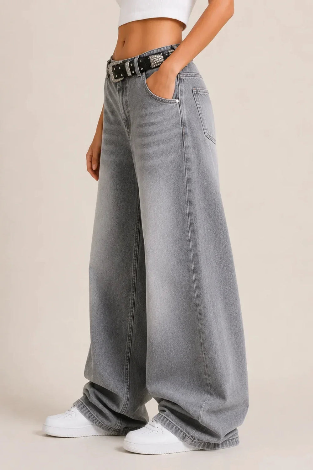 Women's Grey High Rise Wide Leg Denim Jeans Left View By Waysho