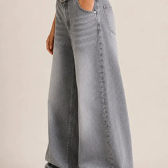 Women's Grey High Rise Wide Leg Denim Jeans Left View By Waysho