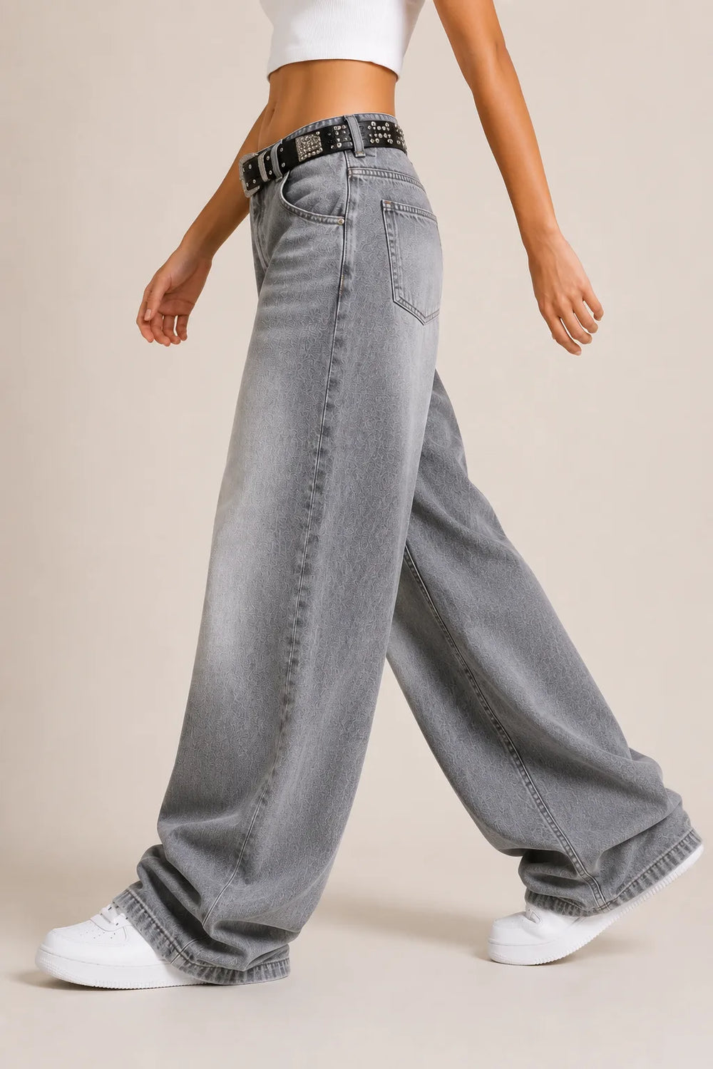 Women's Grey High Rise Wide Leg Denim Jeans Side View By Waysho