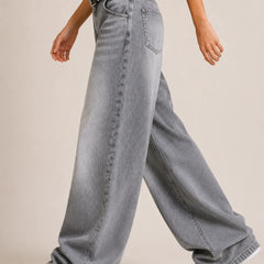 Women's Grey High Rise Wide Leg Denim Jeans Side View By Waysho