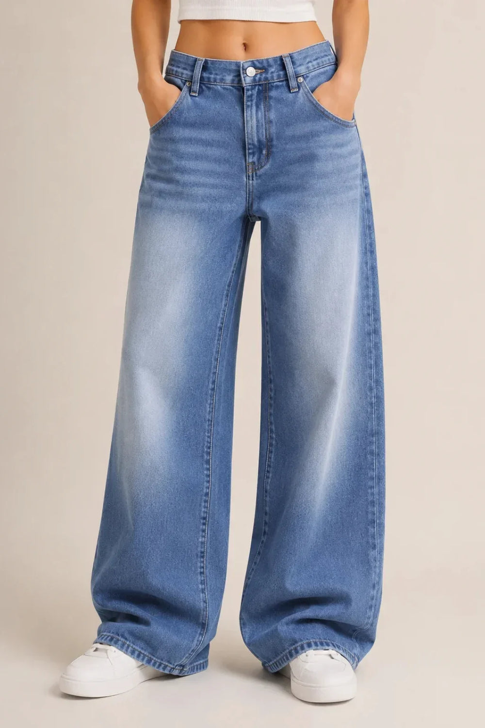 Women's Light Blue High Rise Wide Leg Denim Jeans Front View By Waysho