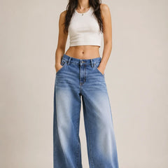 Women's Light Blue High Rise Wide Leg Denim Jeans Full View By Waysho