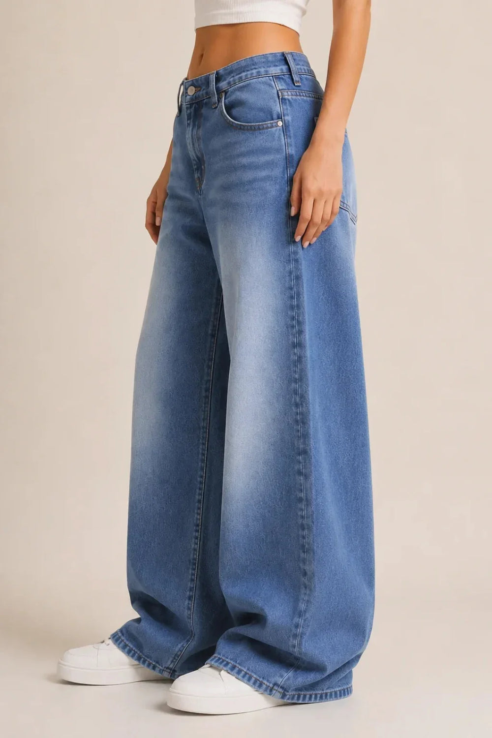 Women's Light Blue High Rise Wide Leg Denim Jeans Left View By Waysho