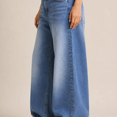 Women's Light Blue High Rise Wide Leg Denim Jeans Left View By Waysho