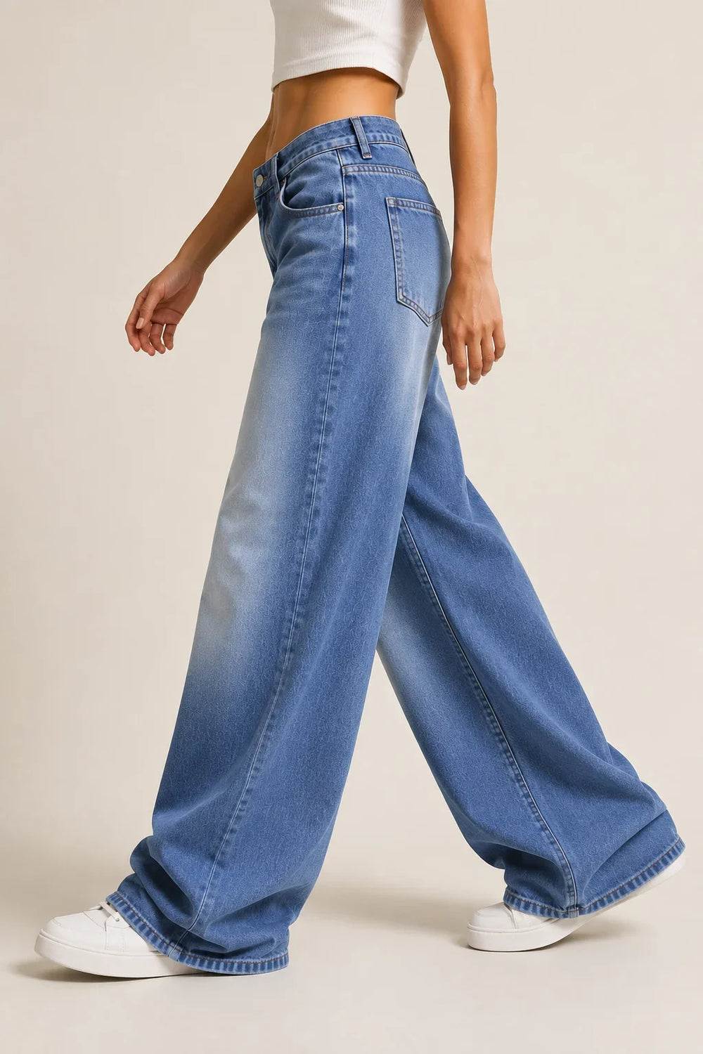 Women's Light Blue High Rise Wide Leg Denim Jeans Side View By Waysho