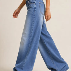 Women's Light Blue High Rise Wide Leg Denim Jeans Side View By Waysho
