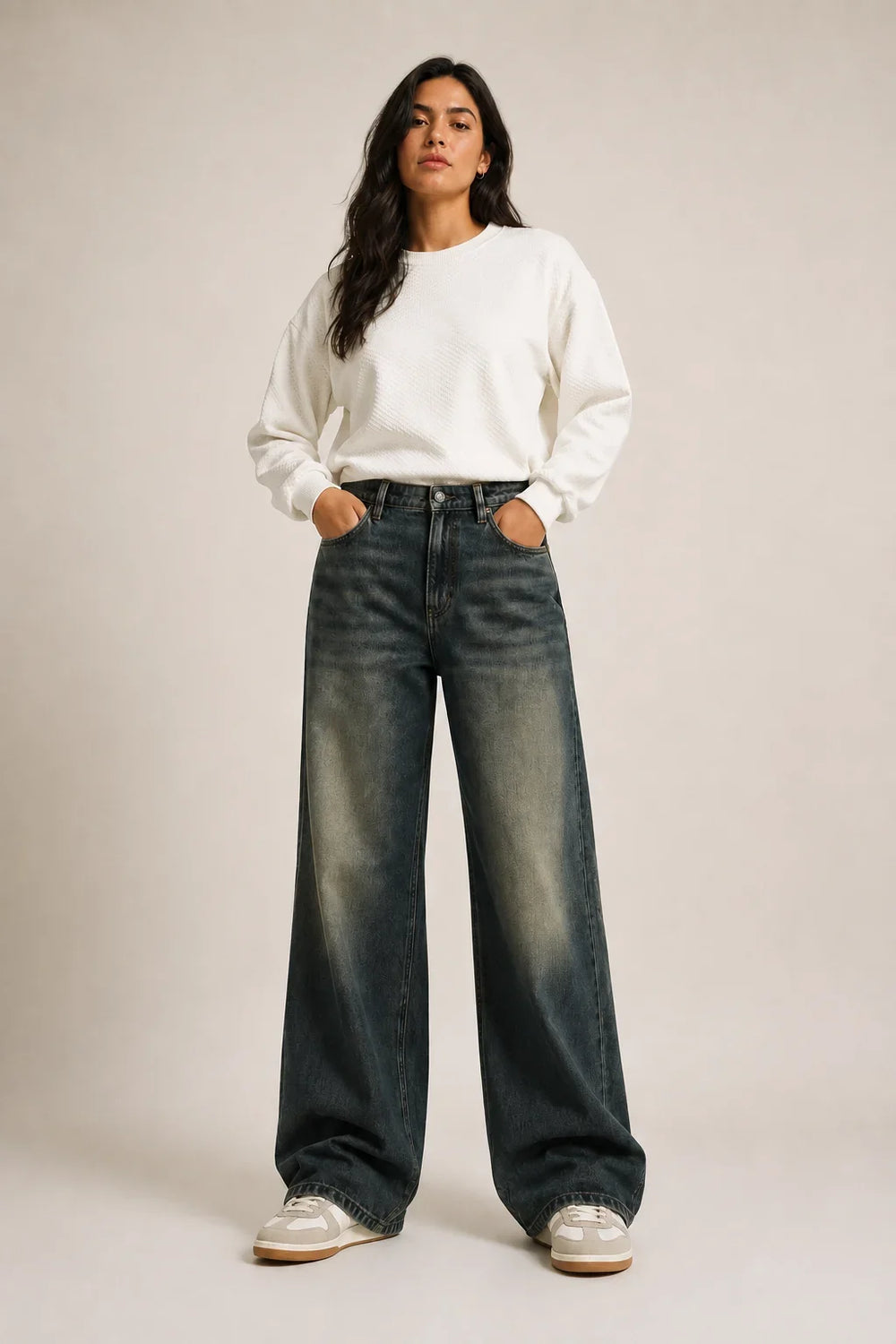 Women's Tint Super Baggy Denim Jeans with Vintage Tint Wash Full View