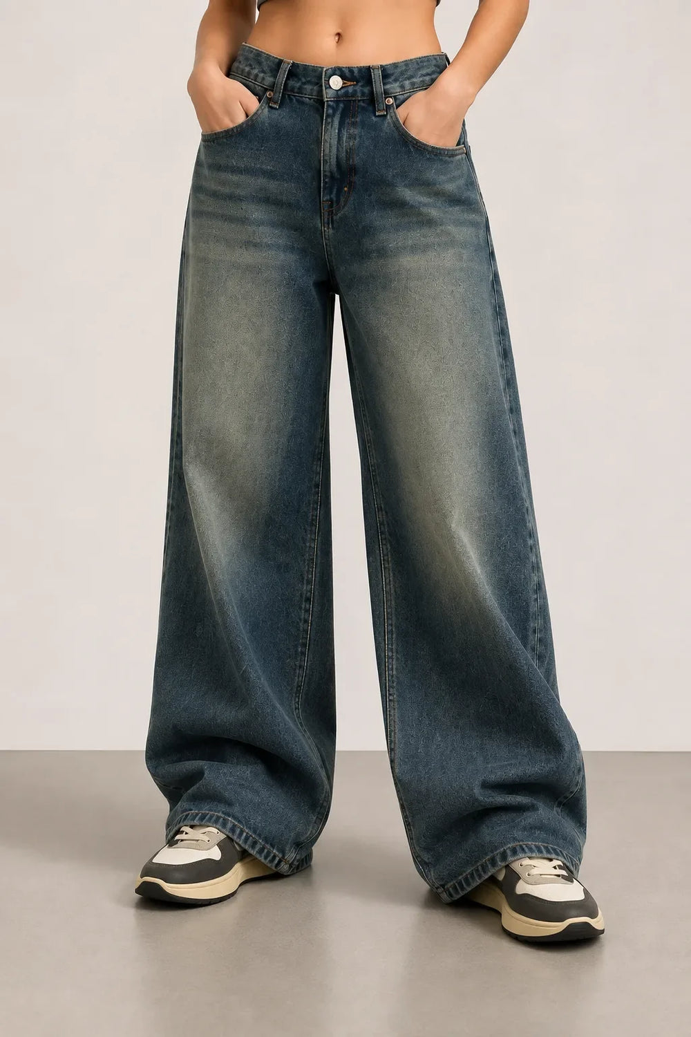 Women's Vintage Blue High Rise Wide Leg Denim Jeans Front View