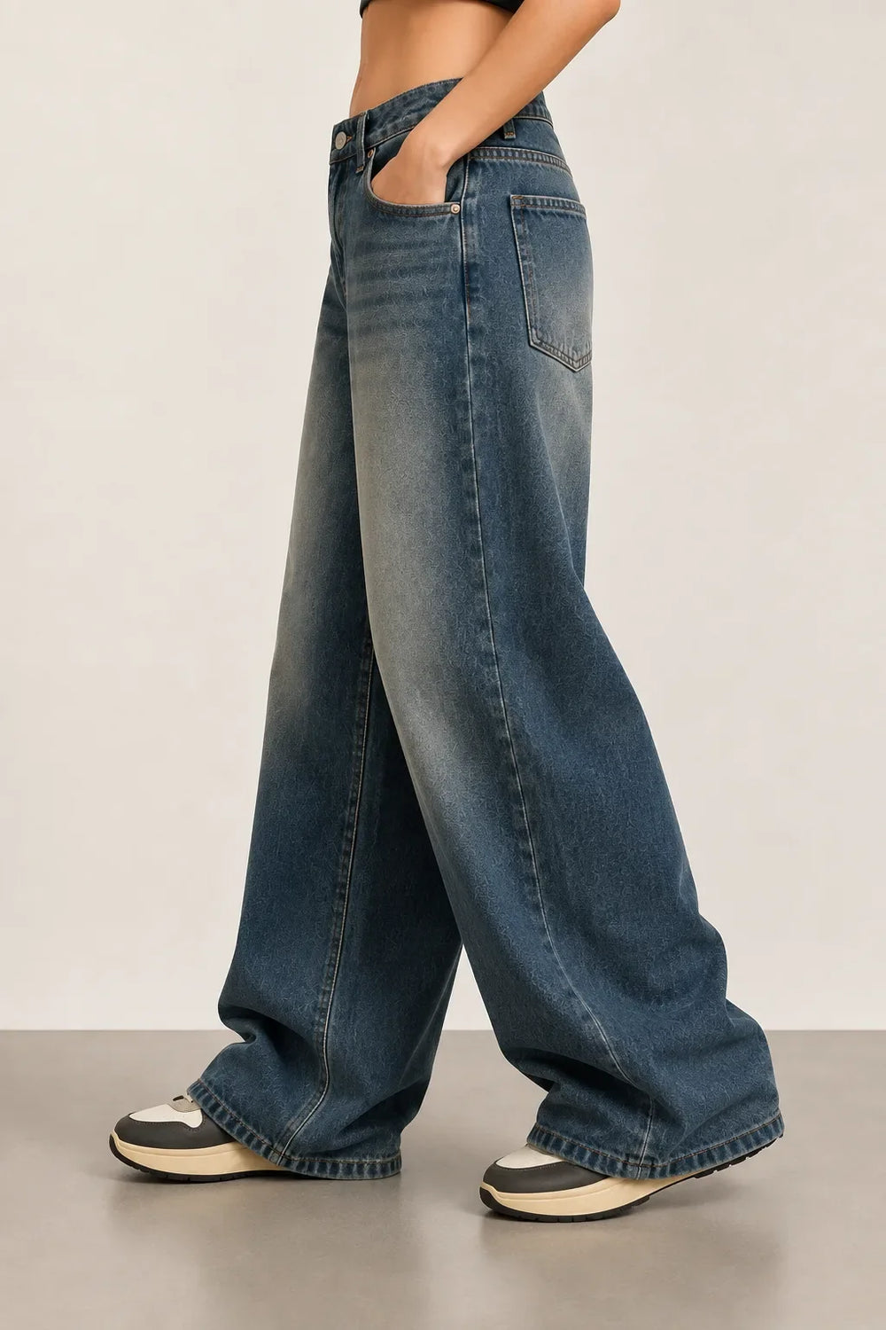 Women's Vintage Blue High Rise Wide Leg Denim Jeans Side View