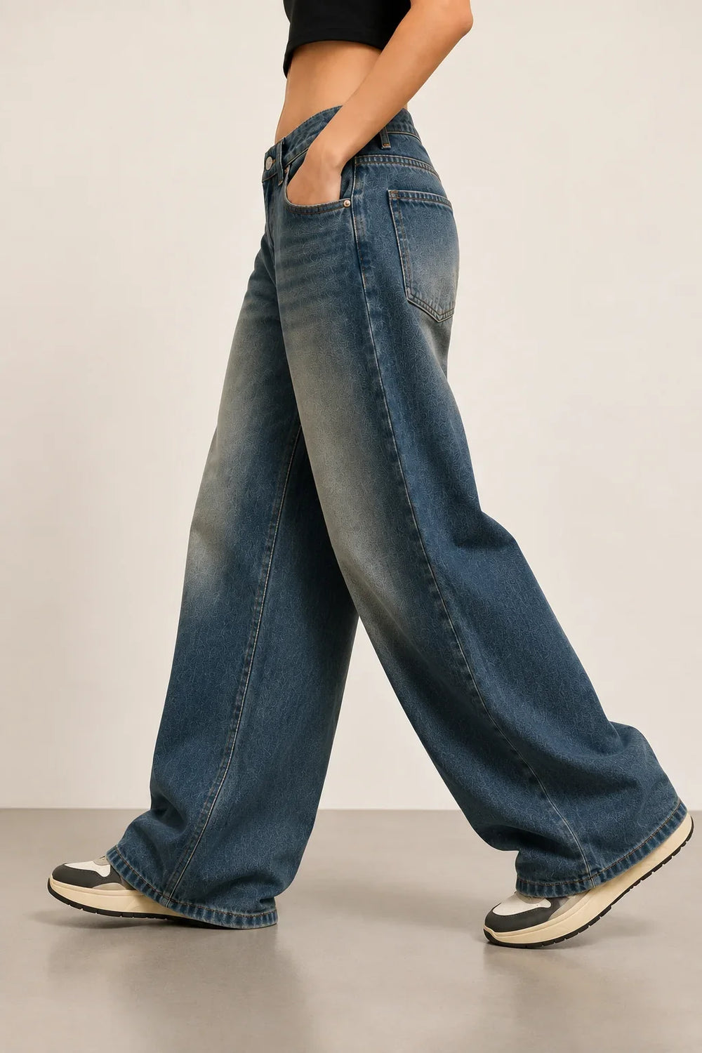 Women's Vintage Blue High Rise Wide Leg Denim Jeans Left View