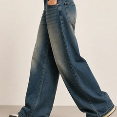 Women's Vintage Blue High Rise Wide Leg Denim Jeans Left View