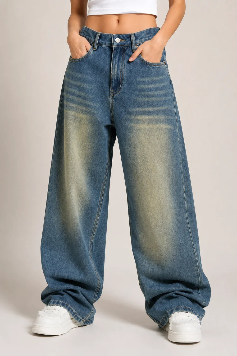 Women's Vintage Washed Blue High Rise Wide Leg Denim Jeans Front View By Waysho