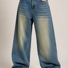 Women's Vintage Washed Blue High Rise Wide Leg Denim Jeans Front View By Waysho