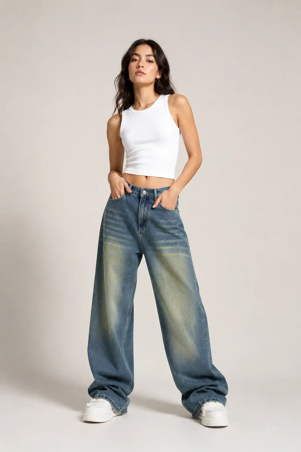 Women's Vintage Washed Blue High Rise Wide Leg Denim Jeans Full Front View By Waysho