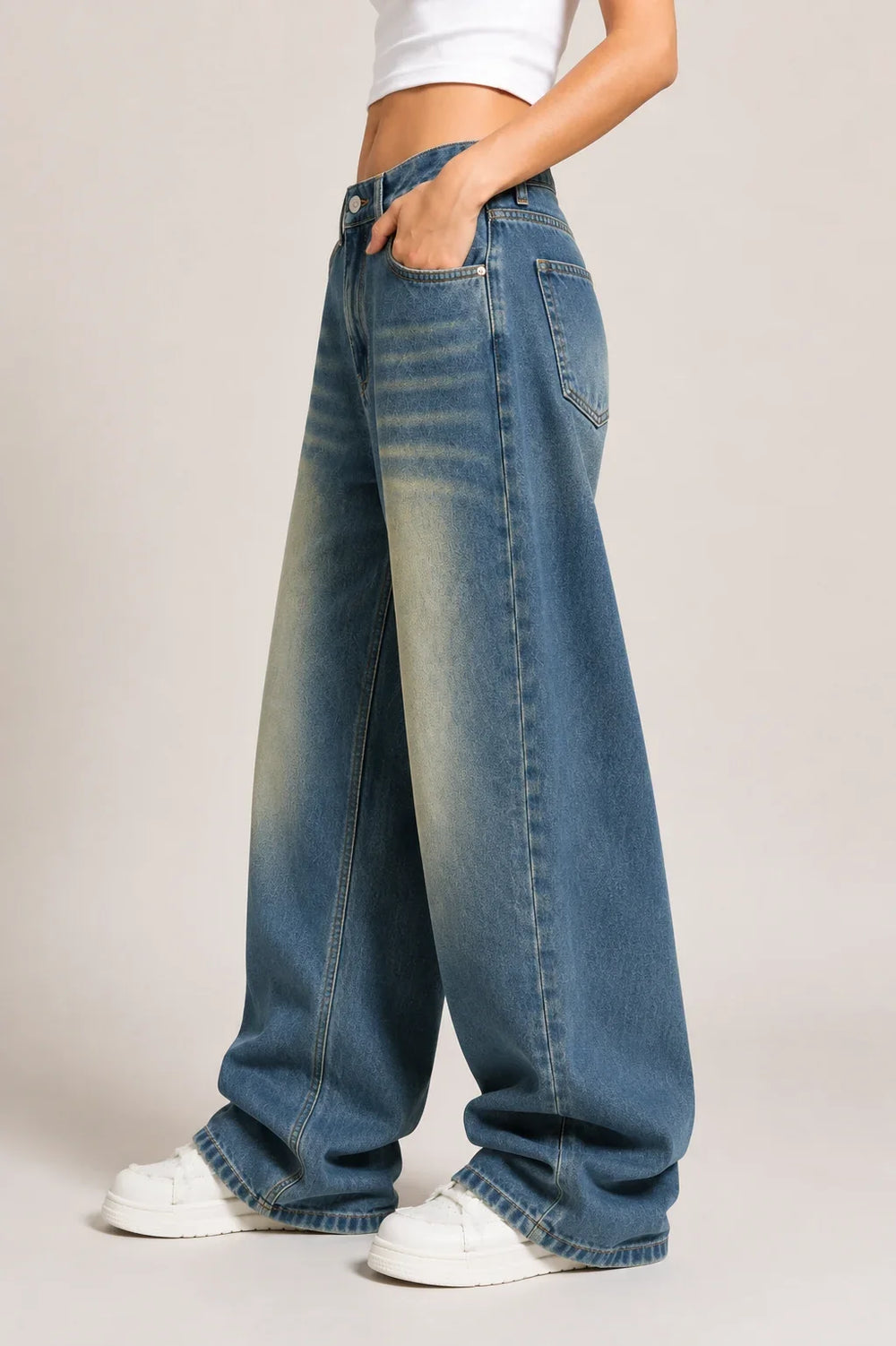 Women's Vintage Washed Blue High Rise Wide Leg Denim Jeans Left View By Waysho