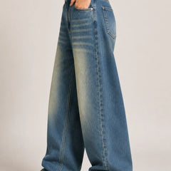 Women's Vintage Washed Blue High Rise Wide Leg Denim Jeans Left View By Waysho