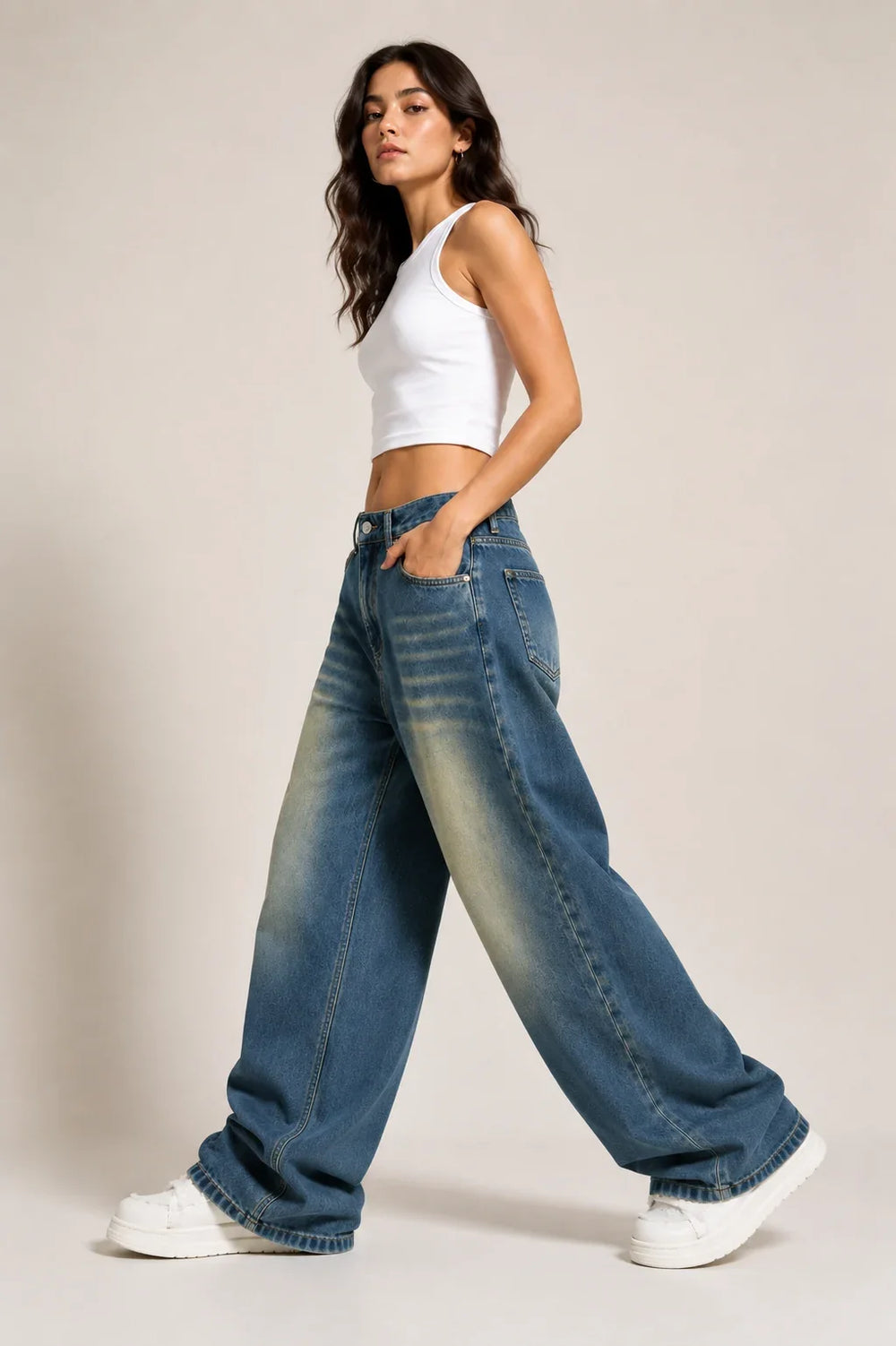 Women's Vintage Washed Blue High Rise Wide Leg Denim Jeans Side View By Waysho