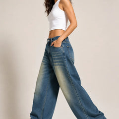 Women's Vintage Washed Blue High Rise Wide Leg Denim Jeans Side View By Waysho